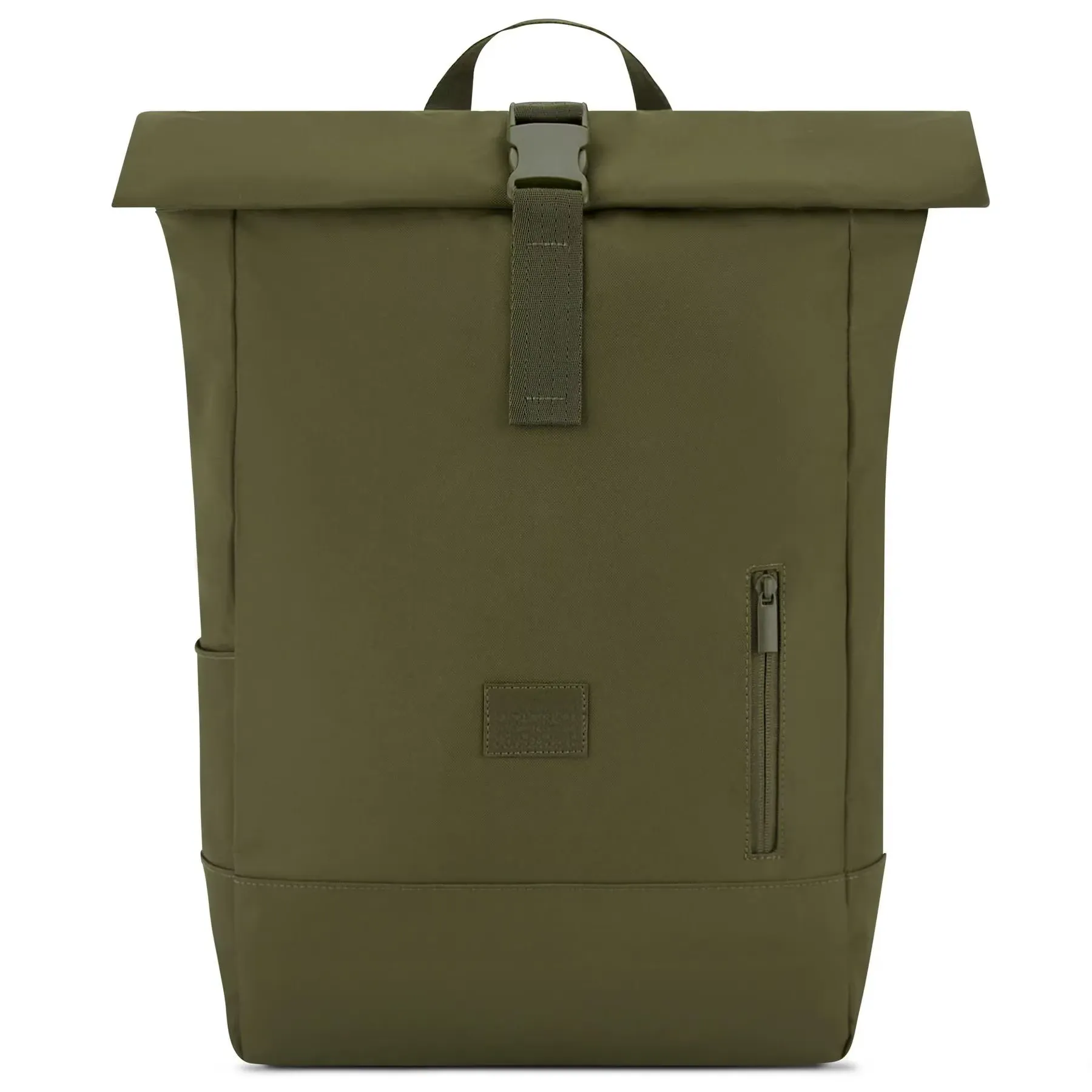 olive green roll top backpack with buckle closure and side zip