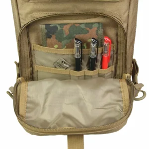 tan tactical backpack with organized pocket