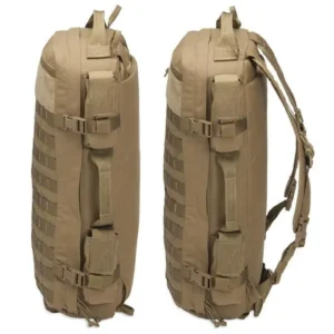 tan tactical medical backpack showing MOLLE webbing and side pockets