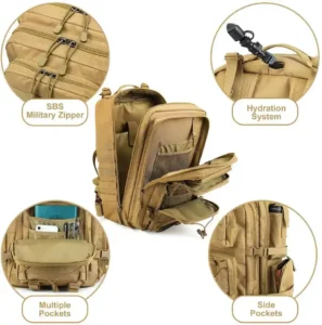 tan tactical military backpack with hydration