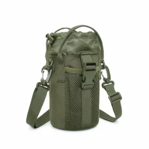 Olive green tactical water bottle pouch with mesh pocket and shoulder strap