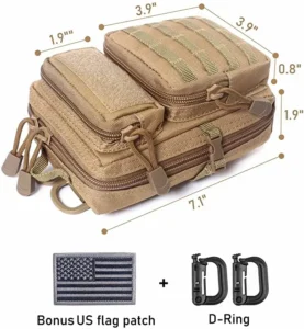 미국 국기 패치와 D링이 달린 황갈색 전술 유틸리티 파우치