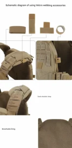 tan tactical vest velcro accessories, scale strap, and breathable lining