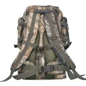 Camo hunting backpack back view padded straps and mesh back panel