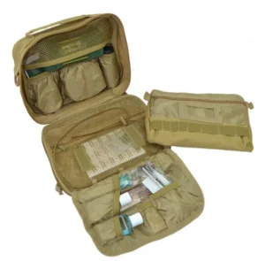Open tactical toiletry bag with removable MOLLE pouch and internal organizers