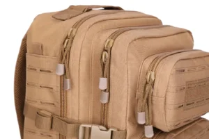 heavy-duty zippers and compression straps on tactical pack