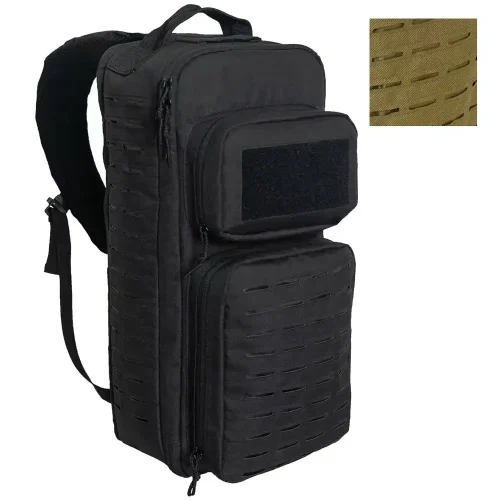 Mochila táctica negra (paneles MOLLE y campo de lazos para parches visibles)