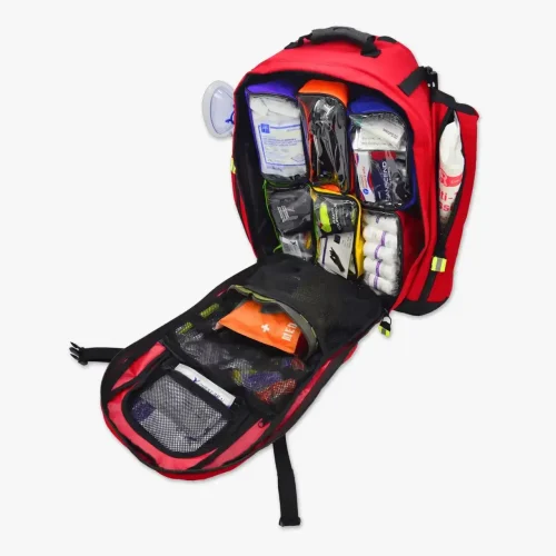 Fully open red tactical medical backpack