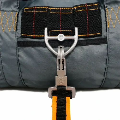 Gray duffel bag dinosaur buckle