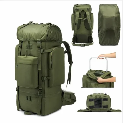Green 80L tactical military backpack for hiking camping