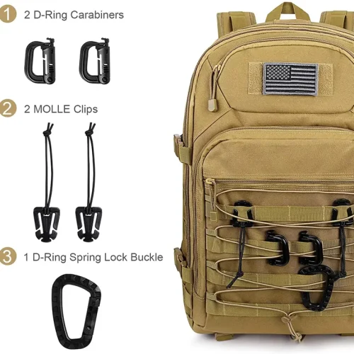 Тактический рюкзак Tan с наклеенными аксессуарами (карабины D-кольца, клипсы MOLLE, пряжка с пружинным замком).