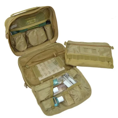 Open tactical toiletry bag with removable MOLLE pouch and internal organizers