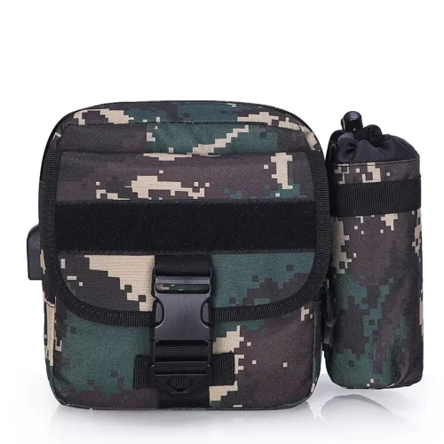 Tactical camo shoulder bag with water bottle holder