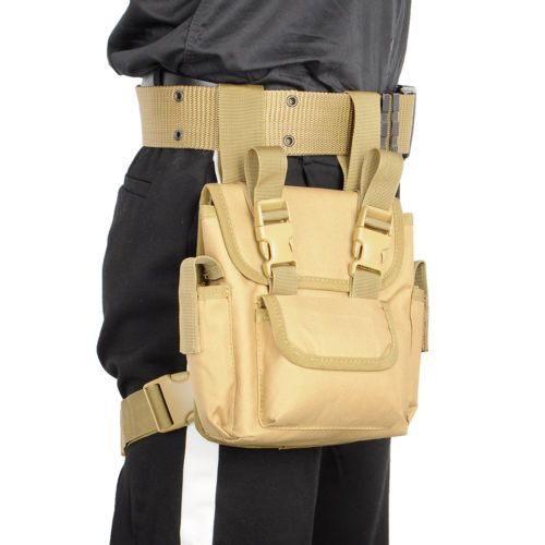 Tactical drop leg bag worn on thigh with adjustable straps