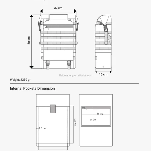 Dibujo técnico de la mochila "R113 The Windtalker" (información sobre dimensiones y peso).