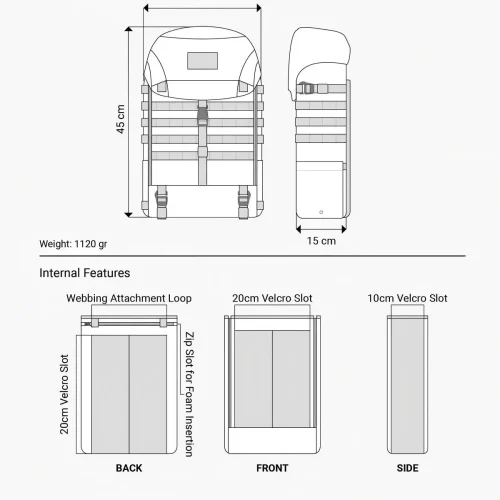 Dessin technique d'un sac à dos tactique noir à roulettes