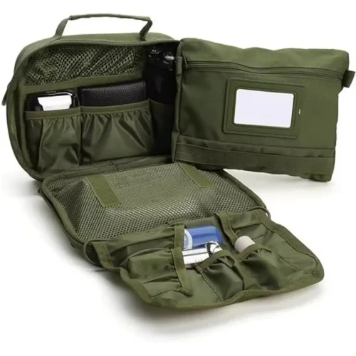 Wholesale tactical toiletry bag set open view with mesh pockets
