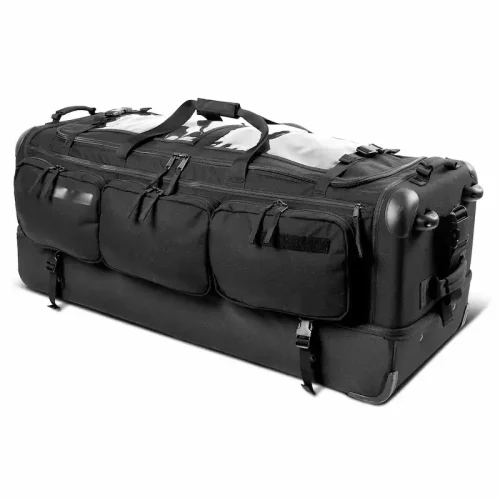 zwarte rollende tactische duffel met wielen
