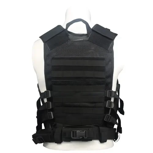black tactical MOLLE vest with adjustable belt