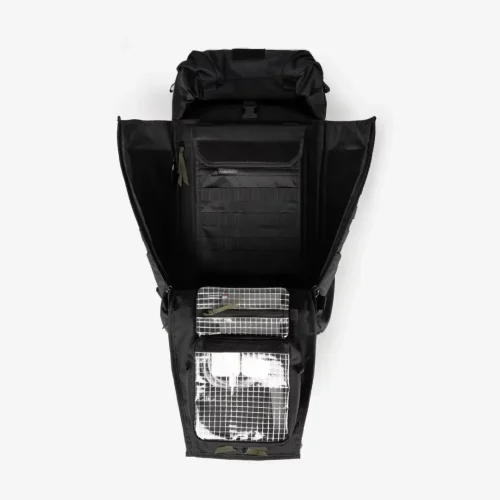 sac à dos tactique noir à roulettes ouvert (poches internes à grille ou ganizer)