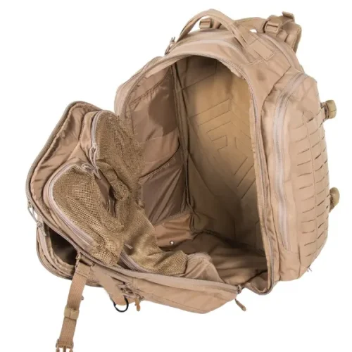large tan military backpack (mesh lining and internal storage pockets)