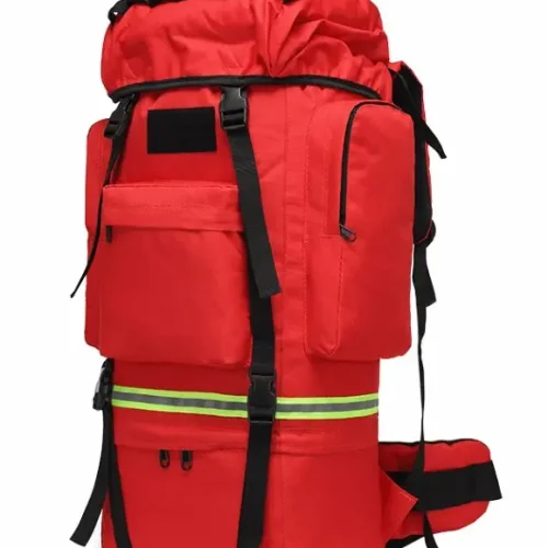 large red tactical backpack with frame