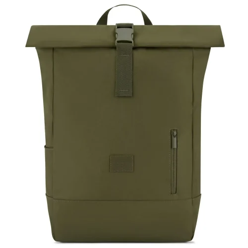 olivengrøn rygsæk med rulletop, spændelukning og lynlås i siden