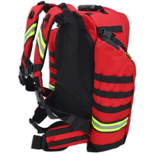 red EMS backpack (padded shoulder straps, reflective strips, and MOLLE webbing)