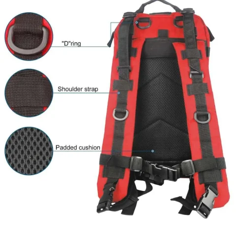 red tactical backpack with padded shoulder straps