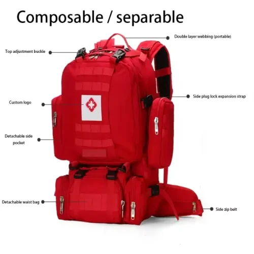 ransel medis taktis merah dengan kantong yang bisa dilepas
