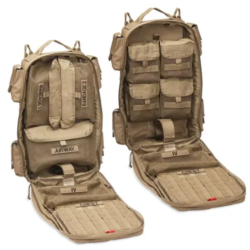 tan tactical IFAK backpack with labeled compartments
