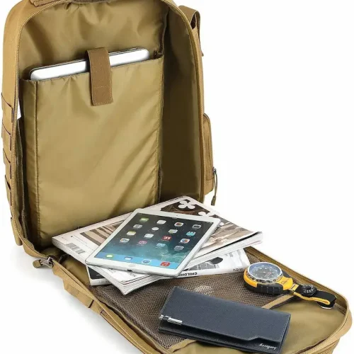 tan tactical backpack with laptop sleeve