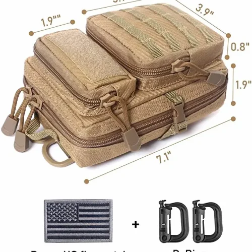 미국 국기 패치와 D링이 달린 황갈색 전술 유틸리티 파우치